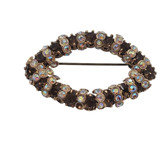 VTG Brooch McM Brown Rhinestone Aurora Crystal Oval Retro Cottage-Fairy Core Pin - Picture 1 of 13